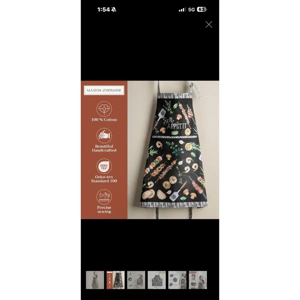 Maison d’Hermine Apron BBQ Black Multi Front Pockets 100% Cotton 27 1/2 X 31 1/2